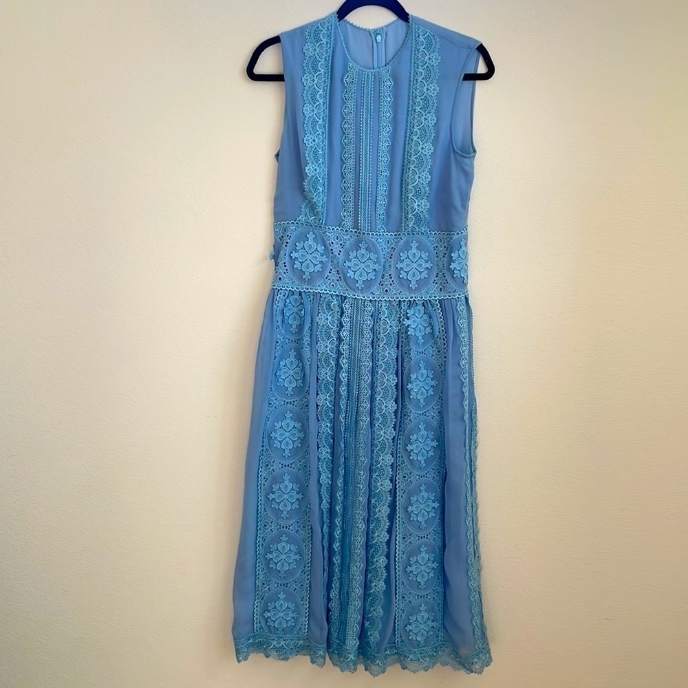 Costarellos baby blue sleeveless Lace chiffon Guipure midi dress 42 - Picture 3 of 10